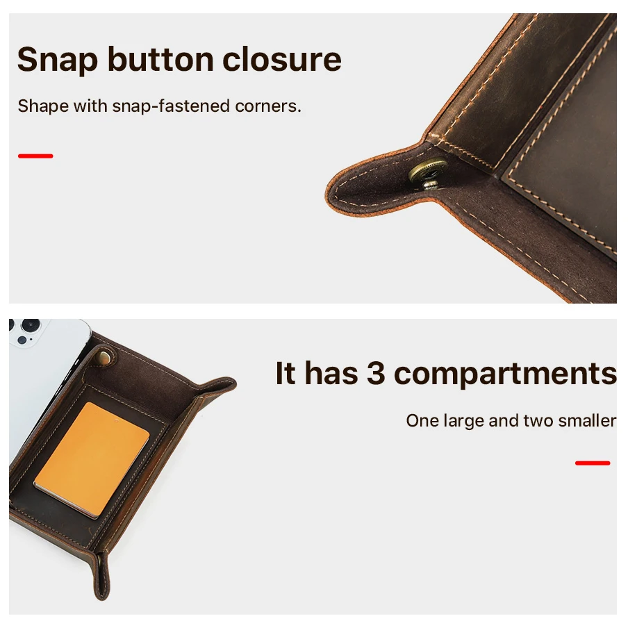 Long Partitioned Jewelry Tray Genuine Leather Snap Leather Travel Valet Tray Home Hotel Office Leather Decor Catch-All Tray