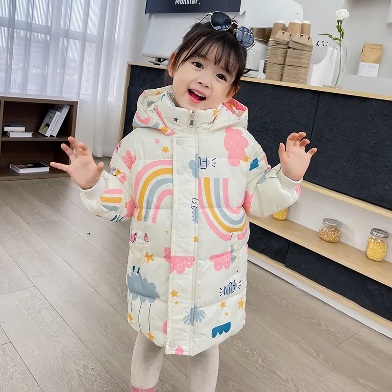 2024 New Girls Long Sleeve Rainbow Down Jacket Children Clothes Hooded Windbreaker Cotton Warm Outerwear Kids Winter Coat