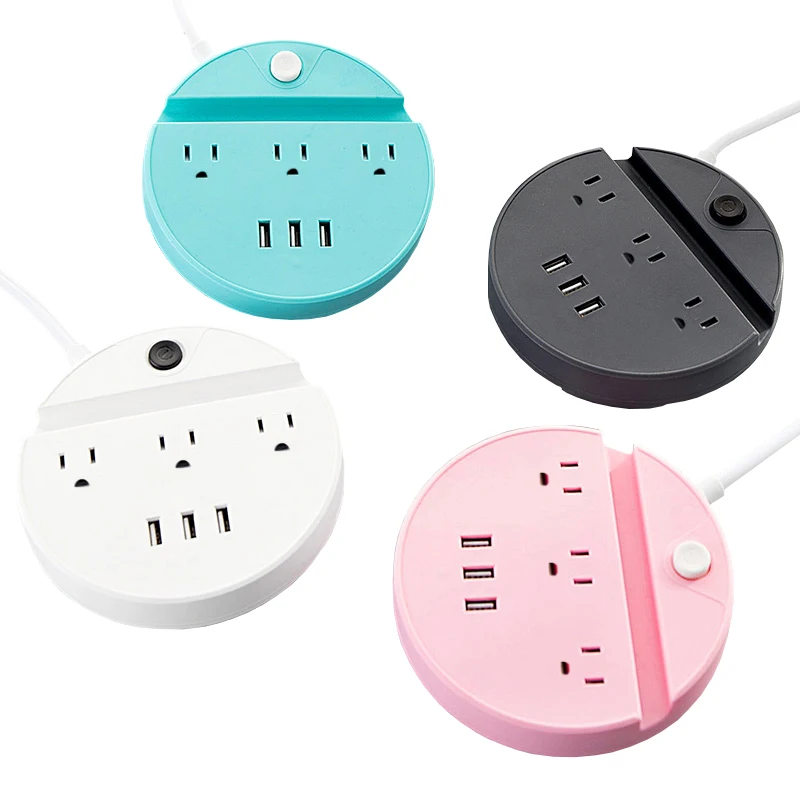 Multi-Device American Plug Extension Socket 3 Ac Outlets Household Round Power Strip With 3 Usb Charging Ports And Phone Holder