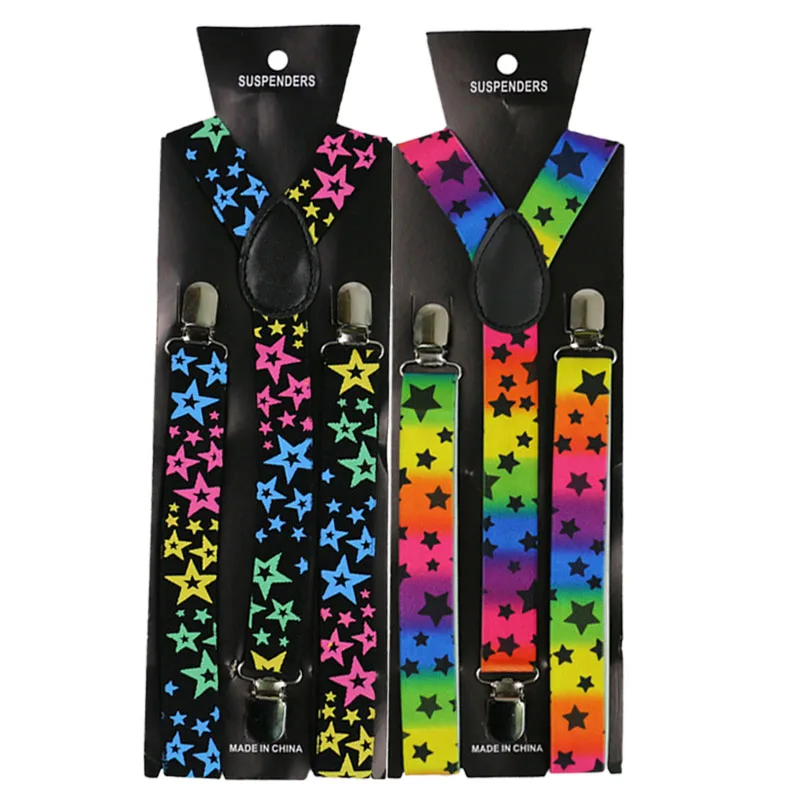 
2.5cm Wide Trouser Neon Star Pattern Men Womens Clip on Suspenders Y-shaped Adjustable Clothing Pants Elastic Suspenders 