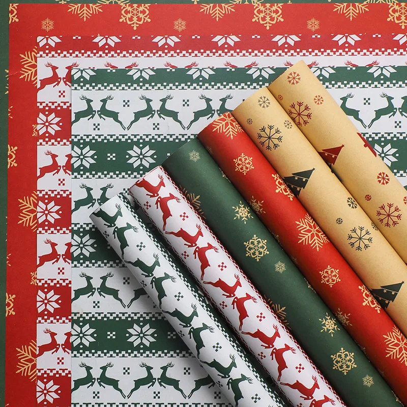 New Year Korean Style Christmas Kraft Paper Coated Flower Wrapping Paper with Snowman Reindeer and Tree for Gift Boxes Crafts