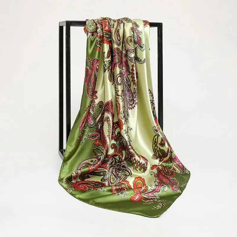 Silk Hair Scarf Satin Silk Handkerchief Hijab Scarf Print Elegant Luxury Paisley Women Square 90x90cm Digital Printing Summer