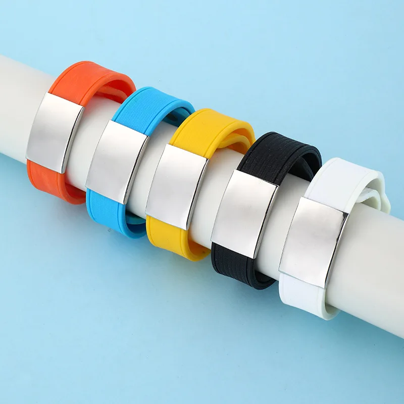 Personalized silicone wrist id sport pin-tuck bracelet with polished name tag