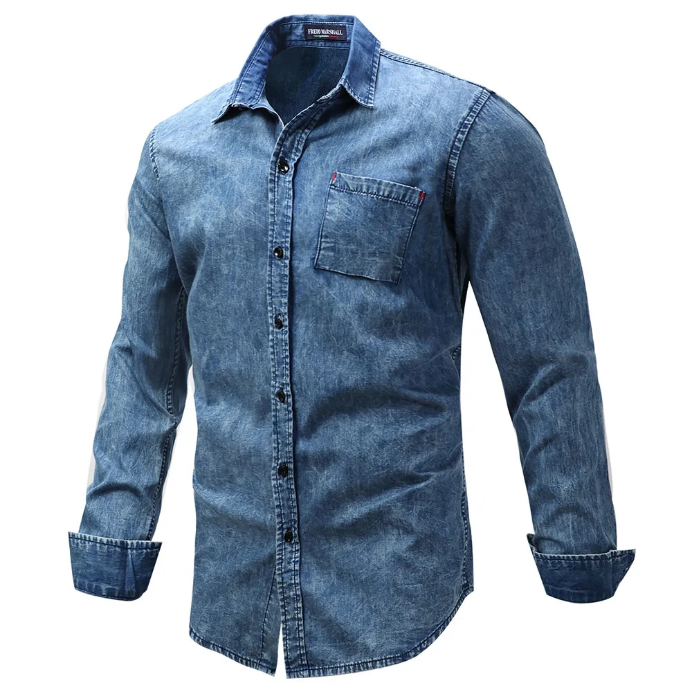 Hot Sale Formal Style 100% Cotton Slim Long Sleeve Business Denim Jean Shirt For Mens