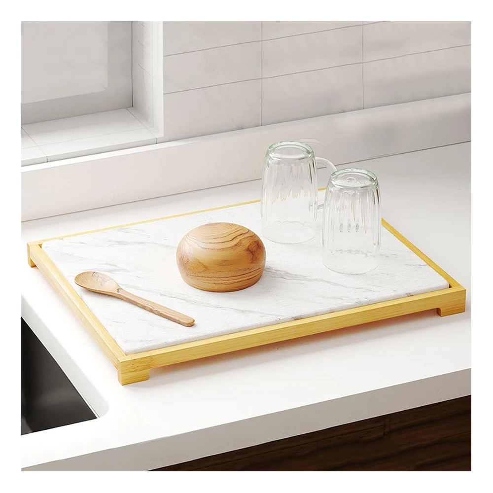 CF SDP31 Quick Dry Rectangle Diatomite Bamboo Kitchen Tray Super Absorbent Draining Dish Drying Mat for Counter Use