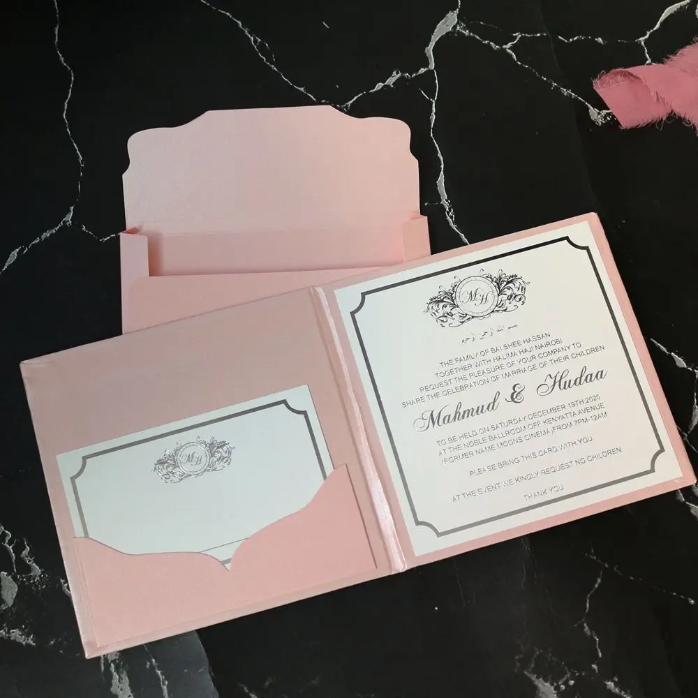 Square size blush pink wedding invitation hardboard with small cards