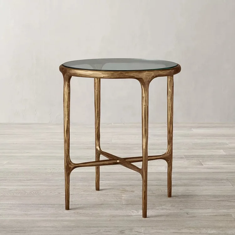 AIRFFY OEM/ODM Wholesale Natural Marble Hand Forged Metal Coffee Table Hammered Round Bed Side Table