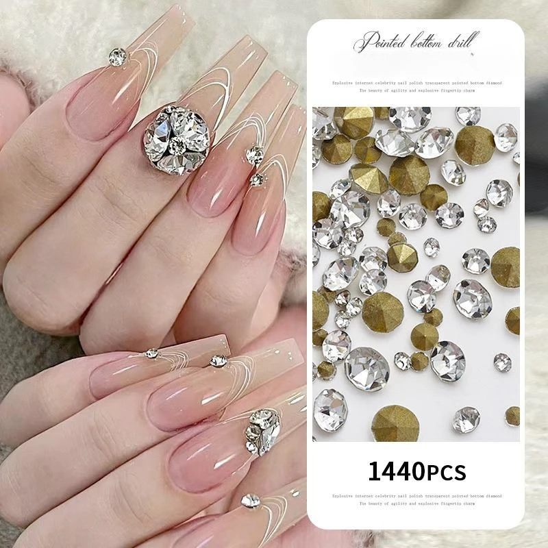Hot 1440pcs SS3-SS20 Pointed Gold Bottom Crystal Clear Diamonds 3D Stones Nail Art Decorations Nails Shiny Glitter Point Stone
