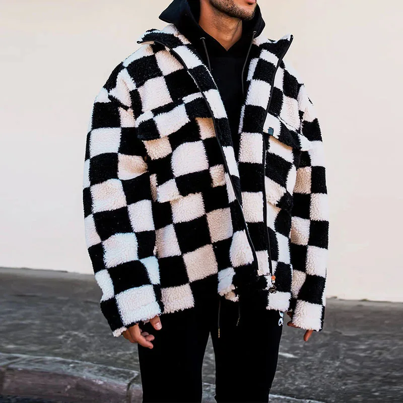 New Autumn and Winter Fashionable Jacket Outerwear Youth Loose Black and White Checkered Jacket High Quality Thick Coat OEM