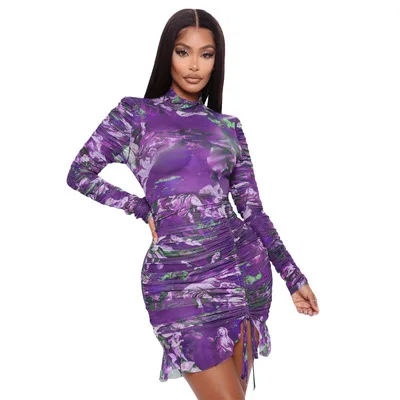 
Tight-fitting Stand-up Collar Fashion Pleated Digital Printing Long-sleeved Tight-fitting Club Dress 