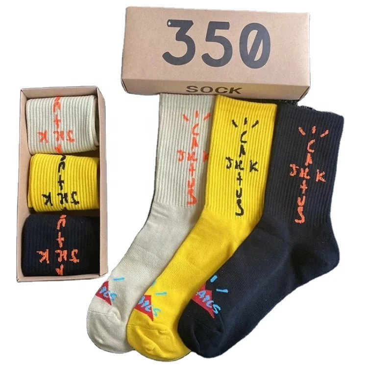 2022 Wholesale 3Pairs/Box Yeezy 350 Mens Crew Jack Socks Pure Cotton Travis cott Sport Hip Hop Skateboard Sockken