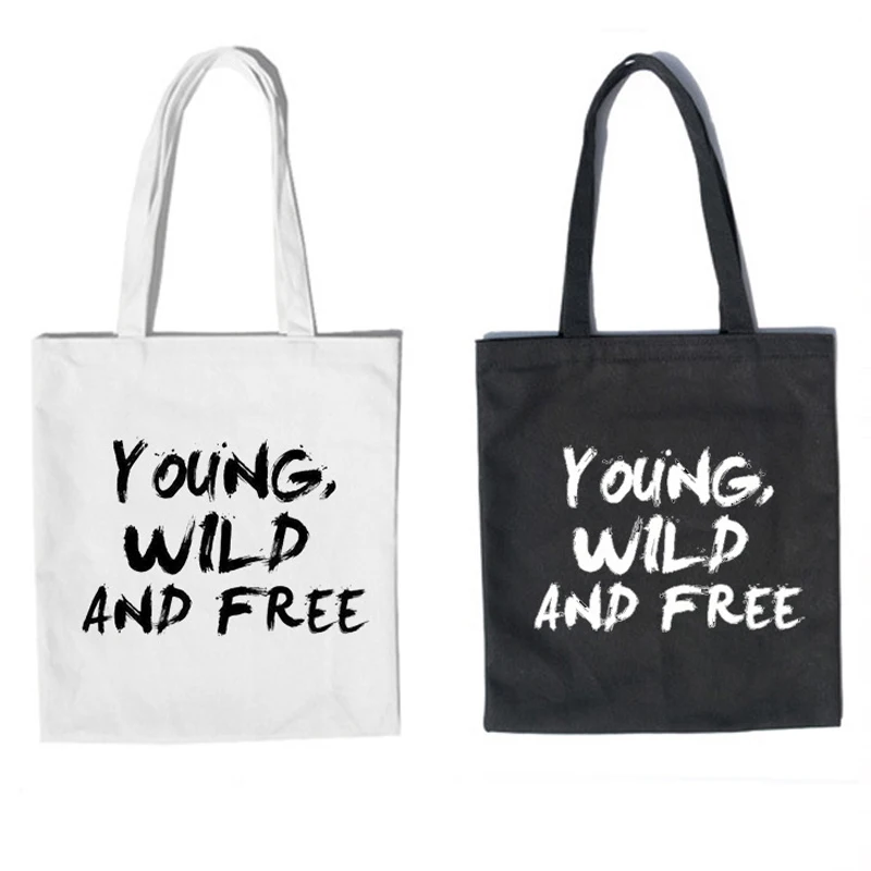 Wholesale Eco Black White Young Wild and Free Print Cotton Canvas Tote Bag for Women Girls