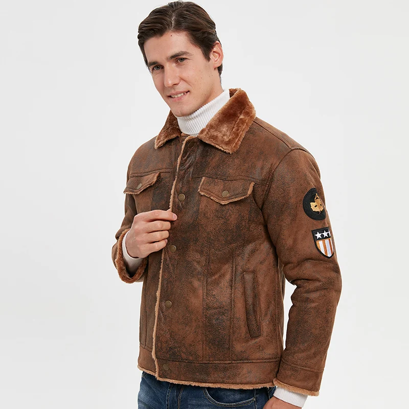 
2020 Winter Fashion Pilot Thick Faux Wool Motorcycle Jacket Suede Air Force Leather Flight Bomber Jacket 