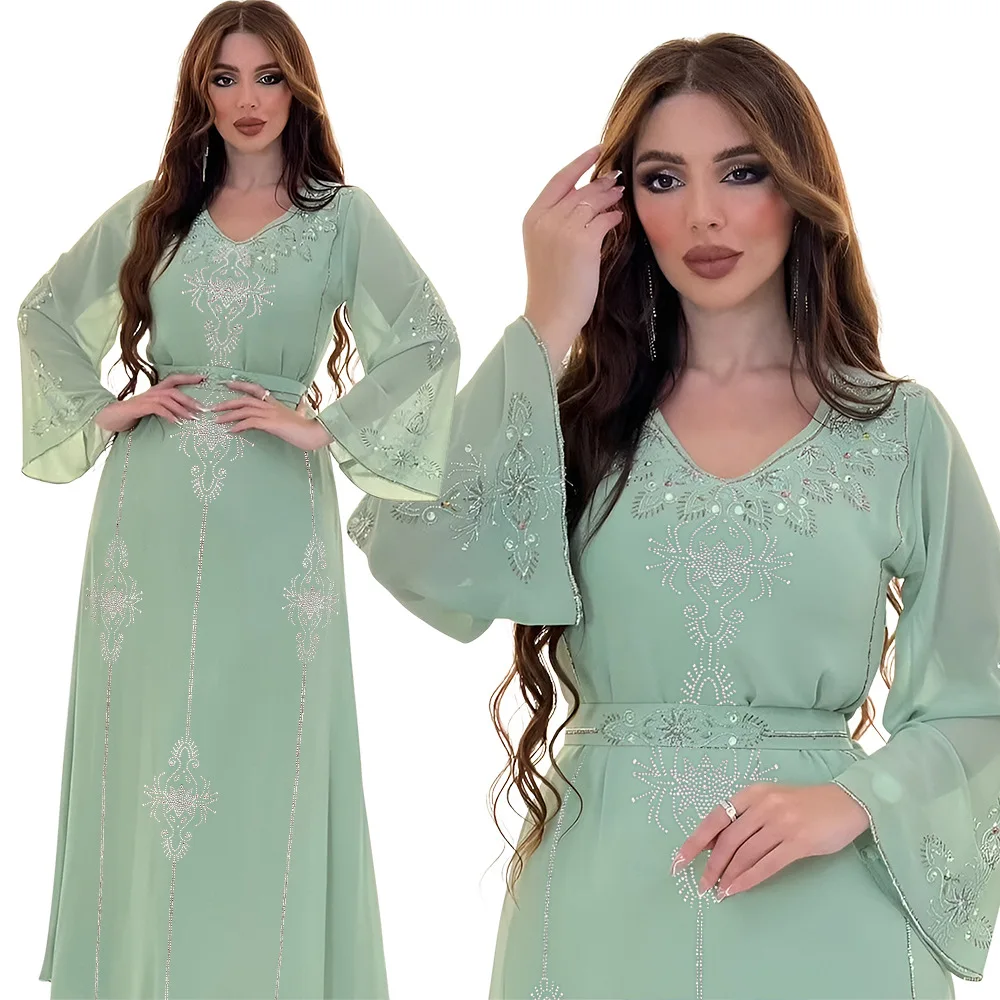 Fashion Collection Drilling Islamic Robe Georgette Moroccan Pink Wedding Dresses With Belt Muslim Eid Comfort Robe manufacturers