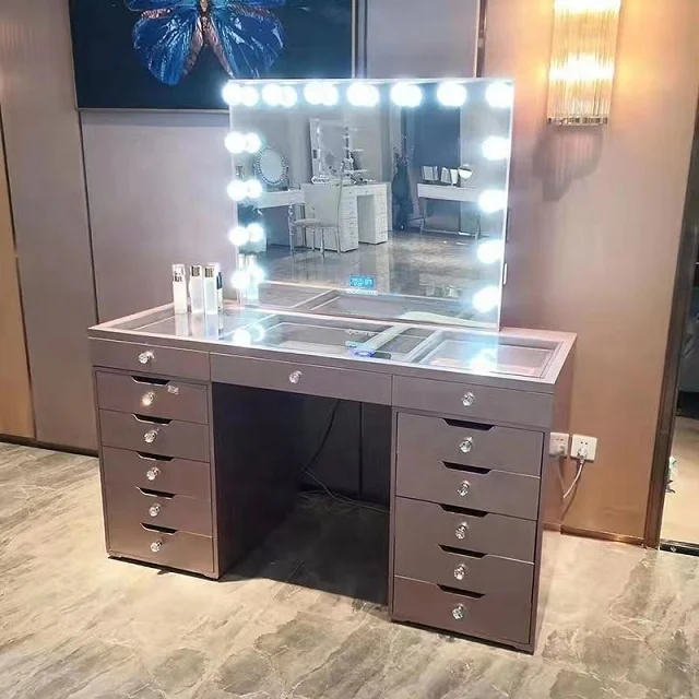 Modern Luxury 13-drawer Panel Dressing Table Storage for Bedroom Furniture Bedroom Sets MDF with LED Mirror Wood Gold 1 Piece