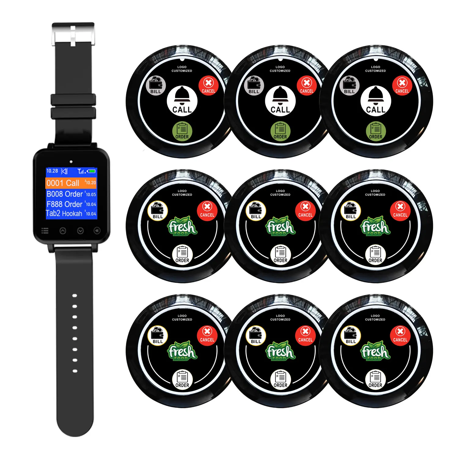 Artom waiter caller buzzer paging calling system Smart wireless wrist watch pager receiver with 9 call buttons