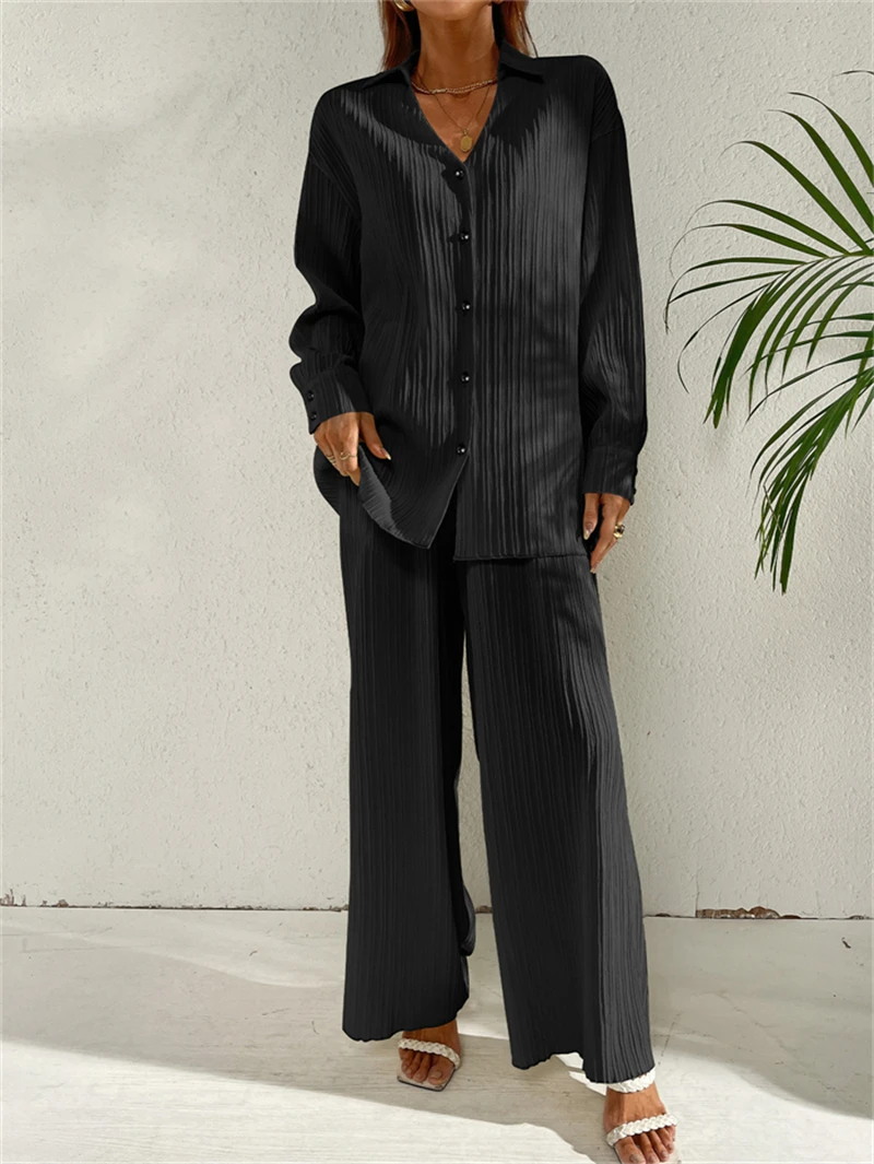 2023 S-XL  dois ternos costume de femme  pleated long sleeve  shirt trousers two-piece suit