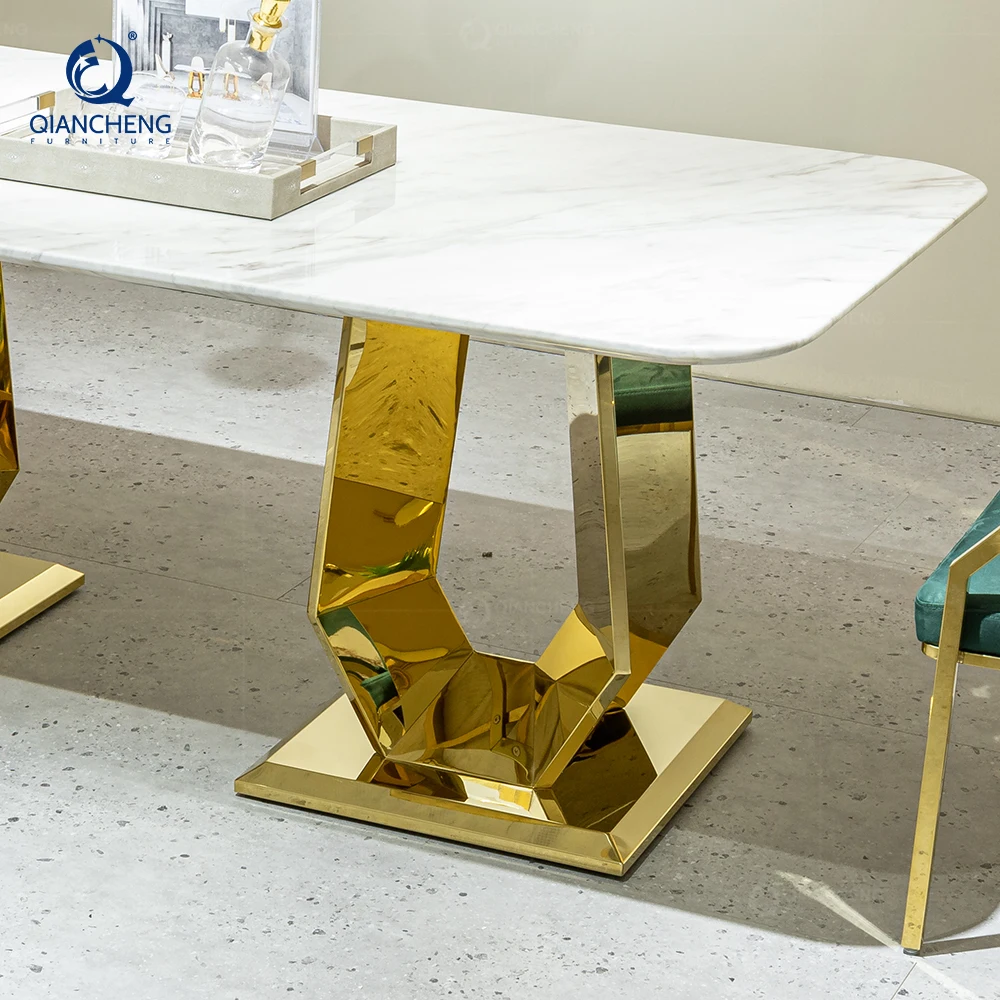 QIANCHENG New Designs Luxury Dinning Set Natural Real Green Marble Dining Tables Light Luxury Stainless Steel Home Furniture