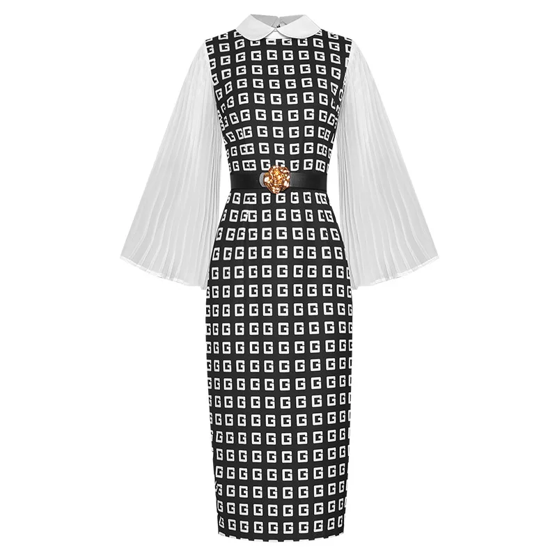 
2021 Spring Doll Collar Trumpet Long Sleeved Lace Up Waist Bag Hip Two Piece Catwalk Temperament Dress 