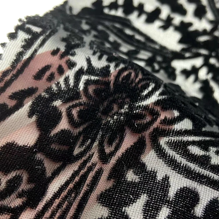 Classic burnout 80% rayon 20% nylon knitted black flower velvet burn out mesh fabric for lady dress