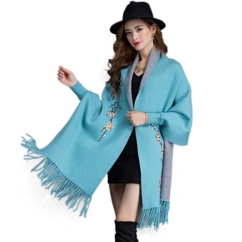 
Wholesale new arrival fashionable women floral embroidery elegant women tassel poncho 