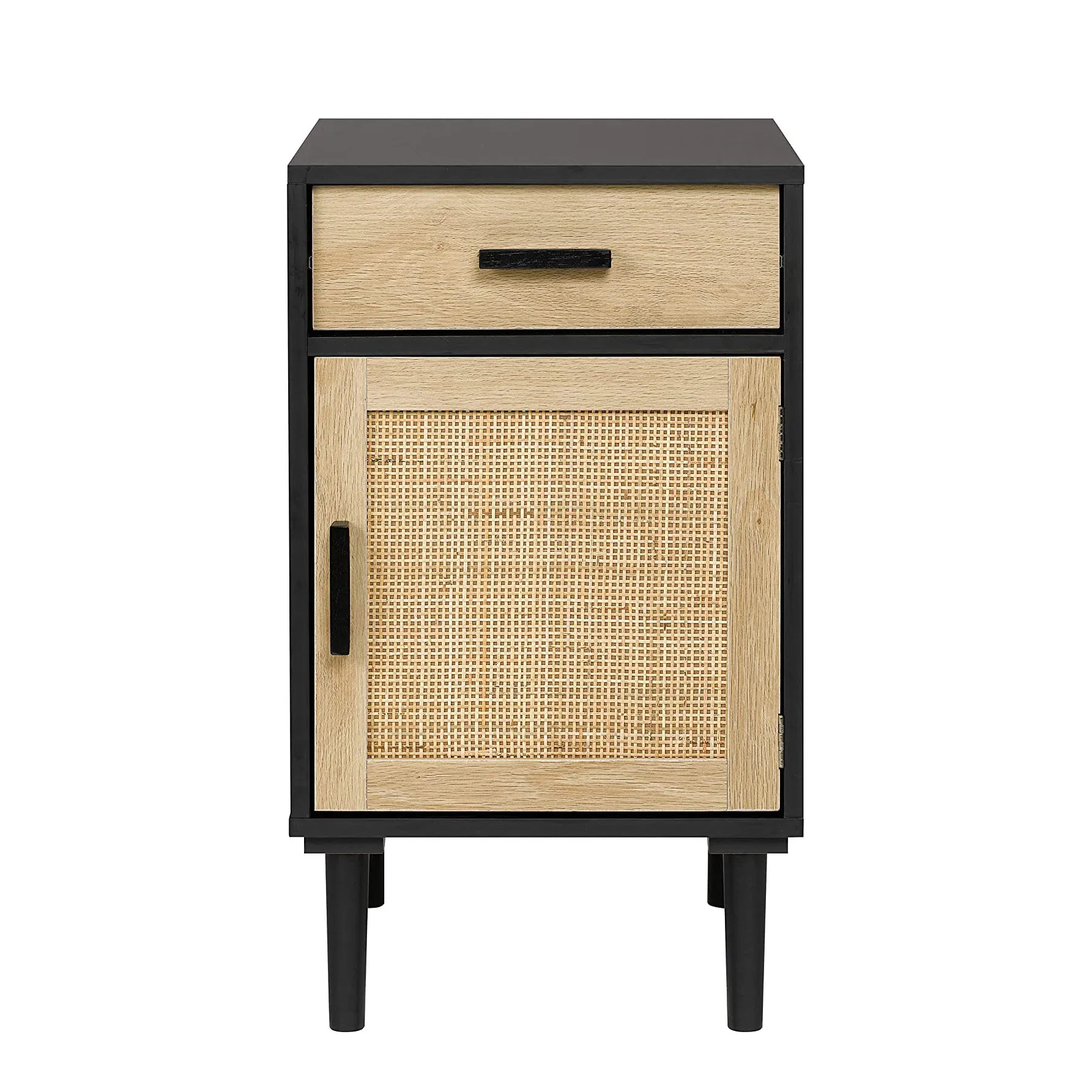 Tall Nightstand, Side Table with Drawer and Shelf, Hand Made Rattan Decorated Doors   with Storage for Bedroom