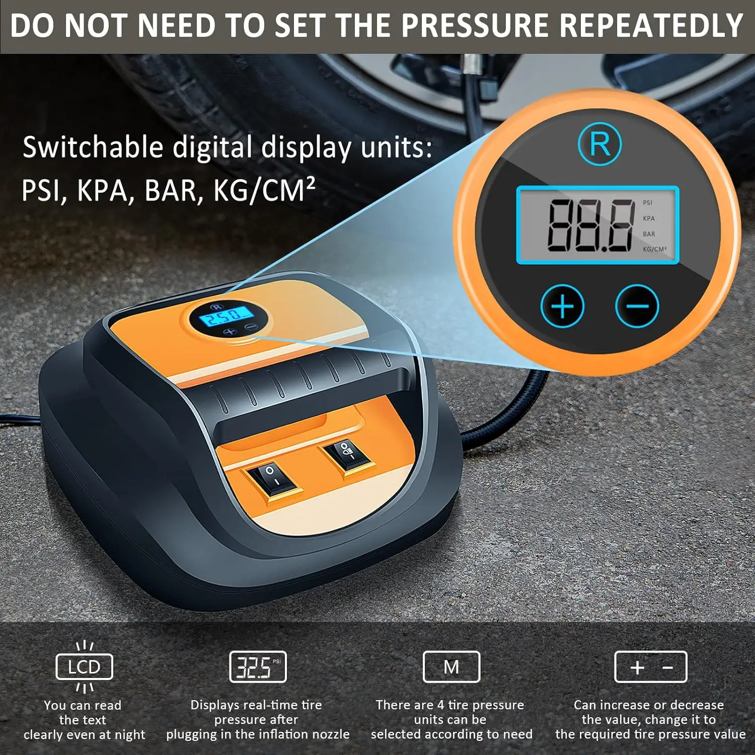 12V DC Portable Tire Inflator Air Compressor with Gauge Digital for Car Tires Bicycles