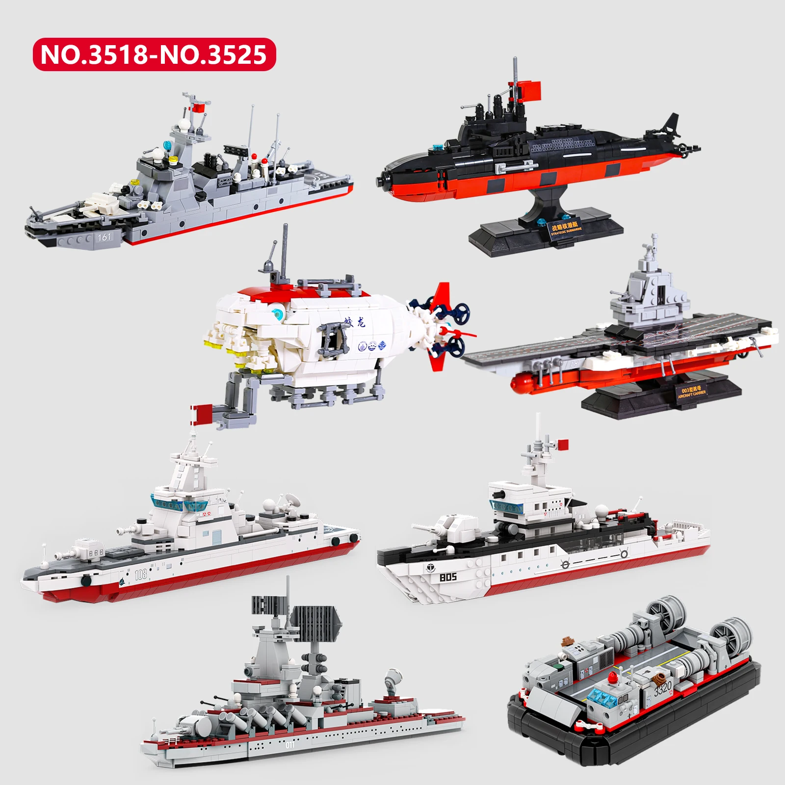 3518-3525 Military Assembly Aircraft Carrier Missile Destroyer Submarine MOC Model Small Particle Building Block Plastic Toy