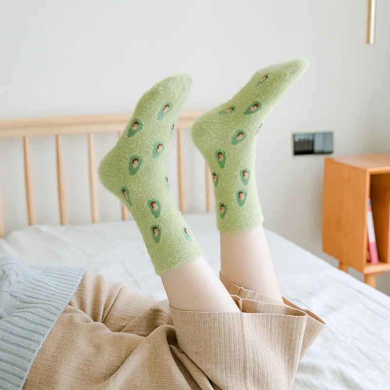 In Stock Winter Cute Fuzzy Socks Coral Fleece Fruit Crew Socks Indoor Floor Sleeping Girls Warm Socks For Women