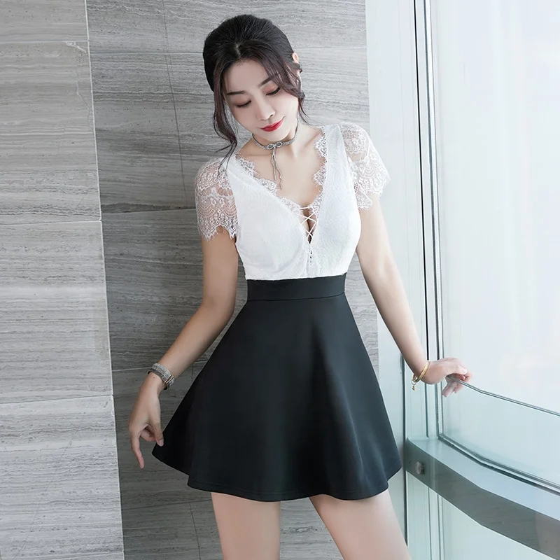 2389# Sexy Low-cut Dress Ladies Birthday Party Black Lace Nightclub Evening