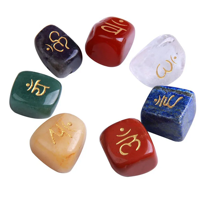 crystals healing stones engraving mantra figured Gemstone seven  chakra sets for spiritual health care therapy