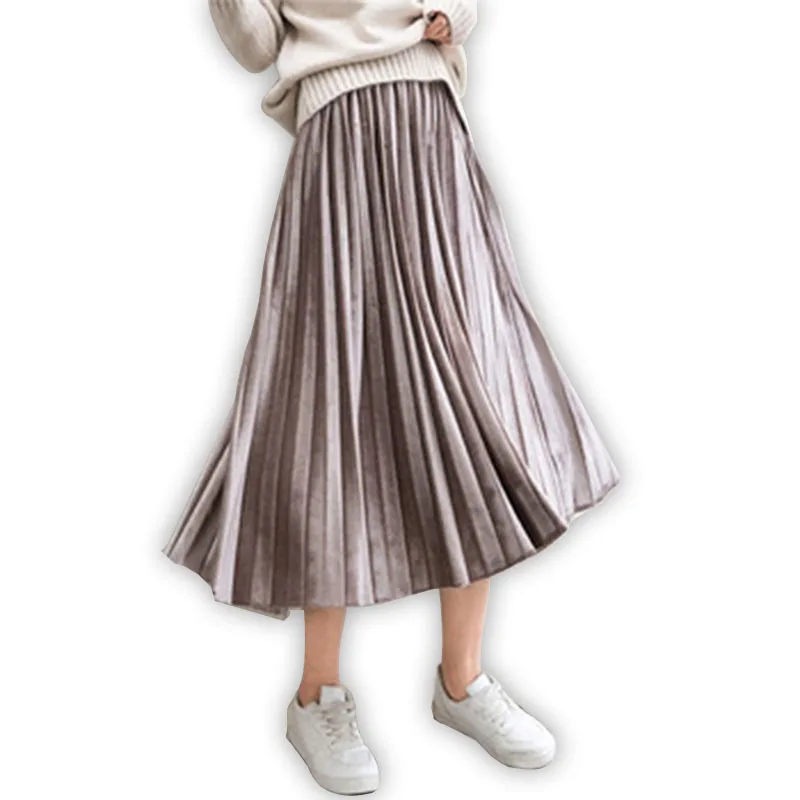 Vintage Women Long Metallic Silver Maxi Pleated Skirt Midi Skirt High Waist  Casual Party Skirt