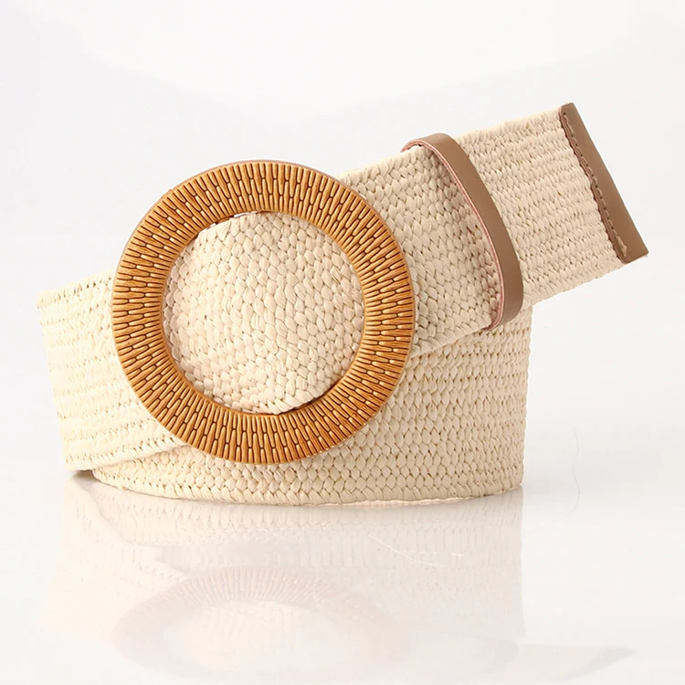 Wholesale round buckle waistband stretch straw woven braided women belt