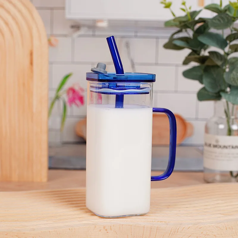 Wholesale creative clear milk juice water cups square glass mug high borosilicate glass mug with straw and lid