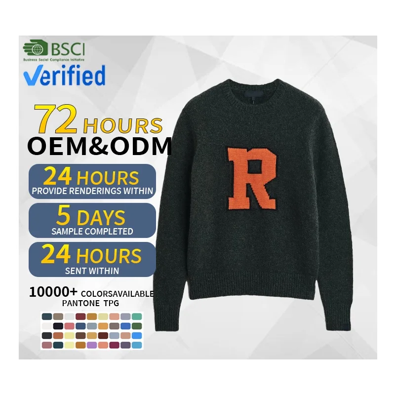Custom LOGO OEM & ODM Men Varsity Letter Intarsia Sweater Crew Neck Alpaca Wool Ribbed Fit Knit Pullover Knitwear Sweater Men