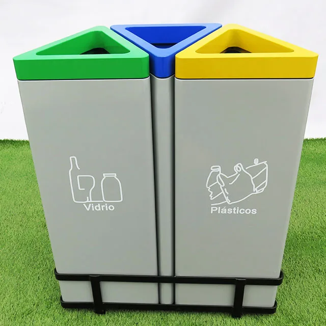 High Quality Stainless Steel Trash Can 3 Containers Metal Dustbin Commercial Garbage Waste