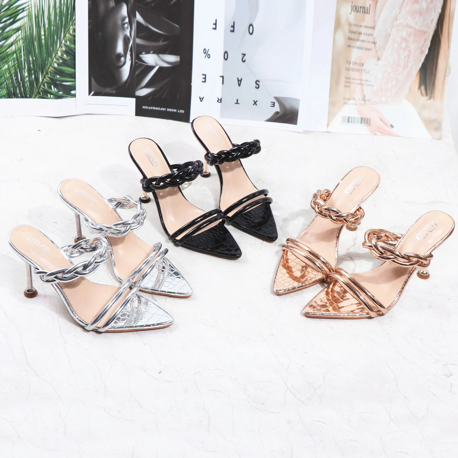 MS Fashion Sexy Open toe Thin Heels Shoes Twinkled Sandals Pointed Toe High Heeled