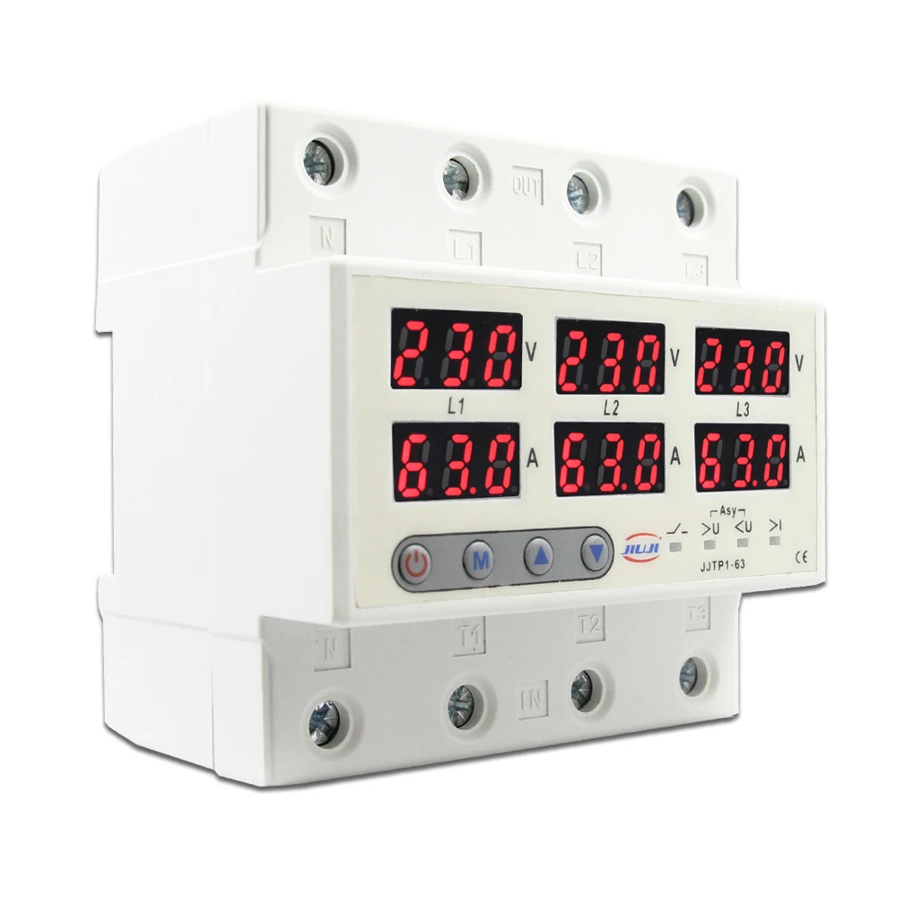 3 Three Phase Adjustable Over Under Voltage Protector 63A Over Current Limiter 3P+N Relay Asymmetry Protection PhaseLoss Protect