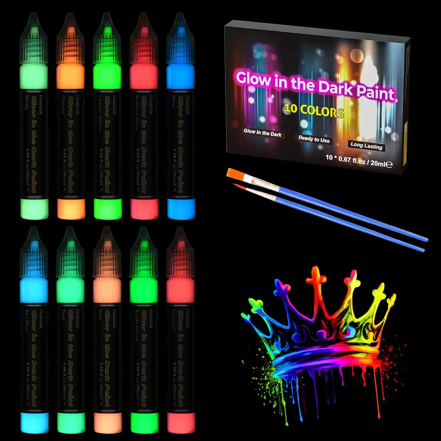 20 ml/0.68 oz 10 Colors Glow in the Dark 3D Permanent Neon for Clothes T-Shirt for Art Supplies Textile Fabric Acrylic Paints