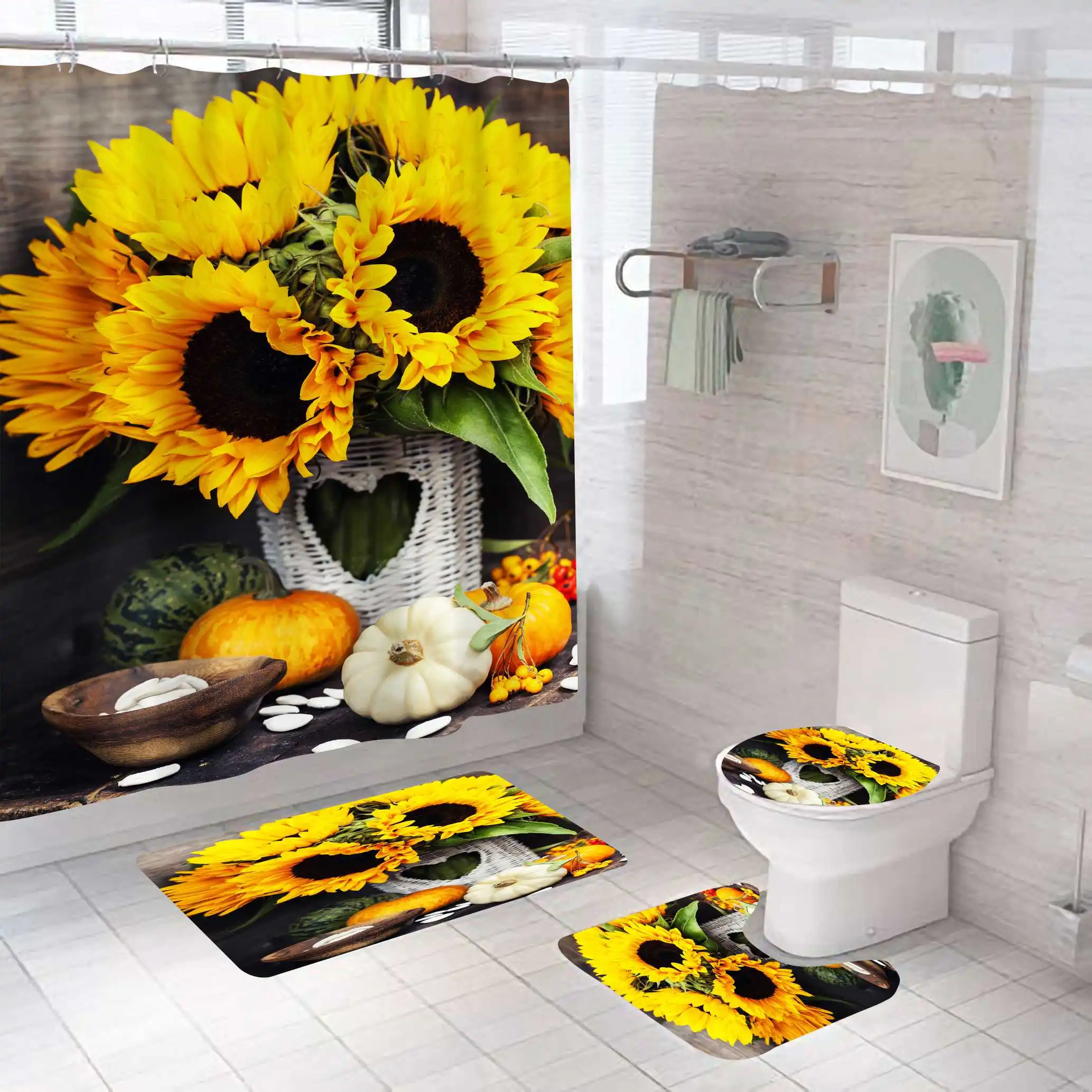 
4 Pcs Waterproof Sunflower Print Polyester Fabric Shower Curtain sets with 12 Hooks For Bathroom 