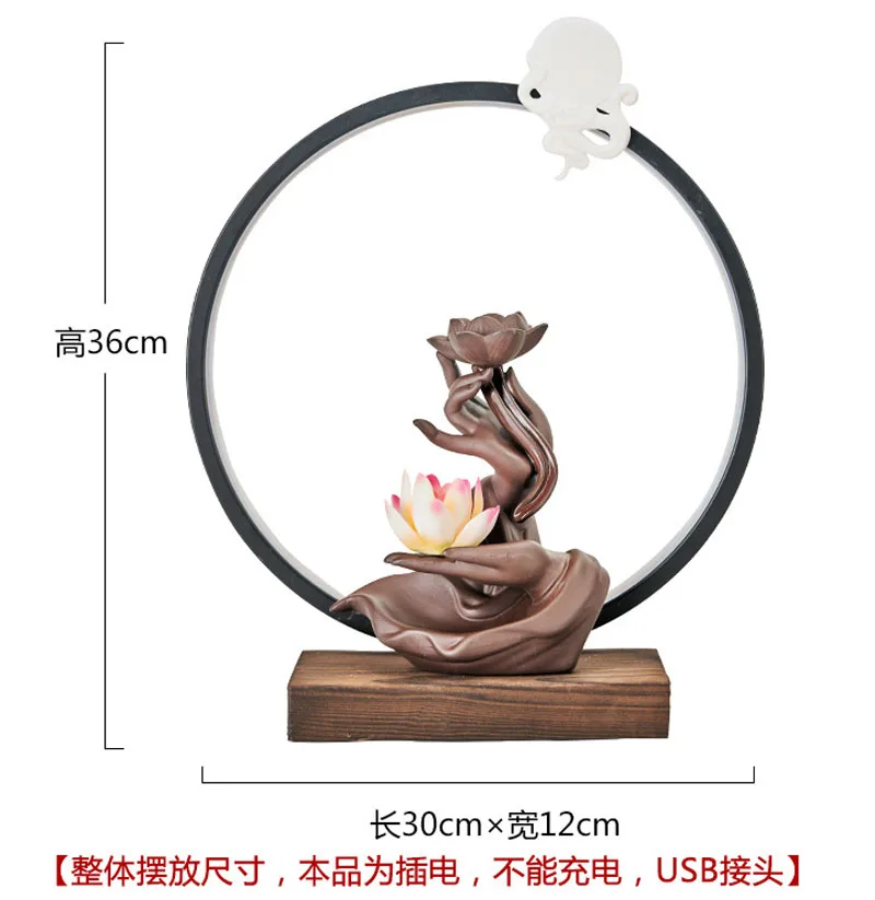 Ywbeyond Home Office Ornaments LED Lamp Ceramic backflow incense burner Zen buddha hand lotus censer waterfall holder