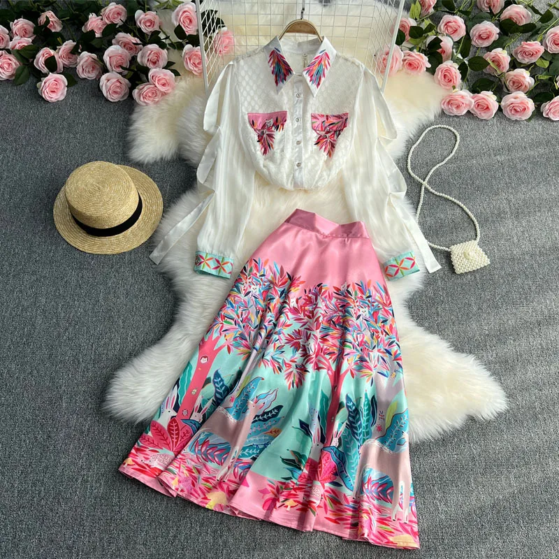 Elegant fashion suit spliced chiffon long-sleeve shirt printed high-waist mid-length skirt two-piece set