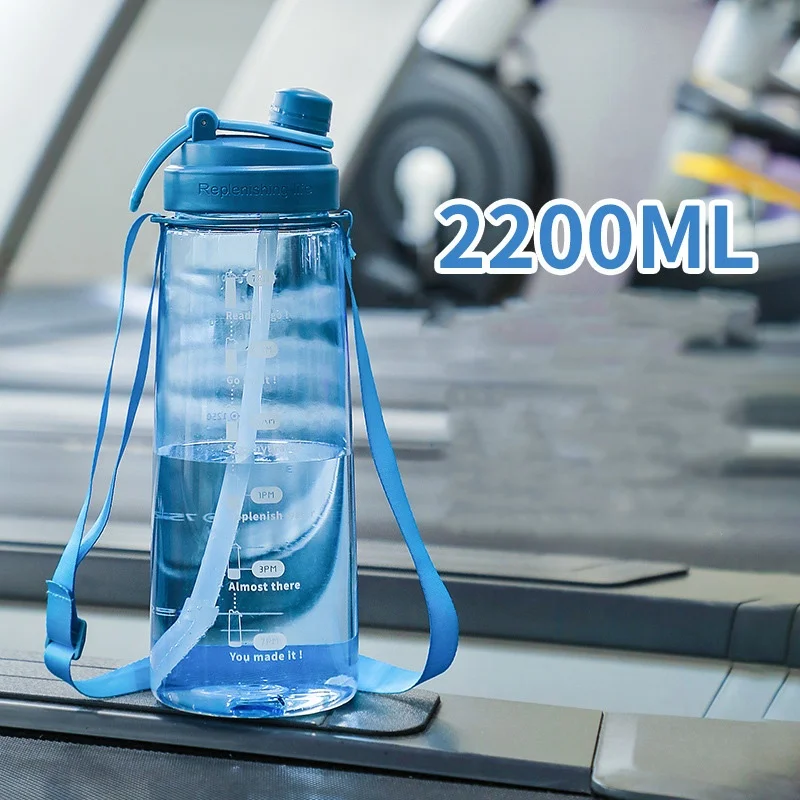 Klein Blue 2.2L Twist Spillproof Lid Transparent Heat Resistant Adjustable Strap Water Bottle with Healthy Silicone Straw