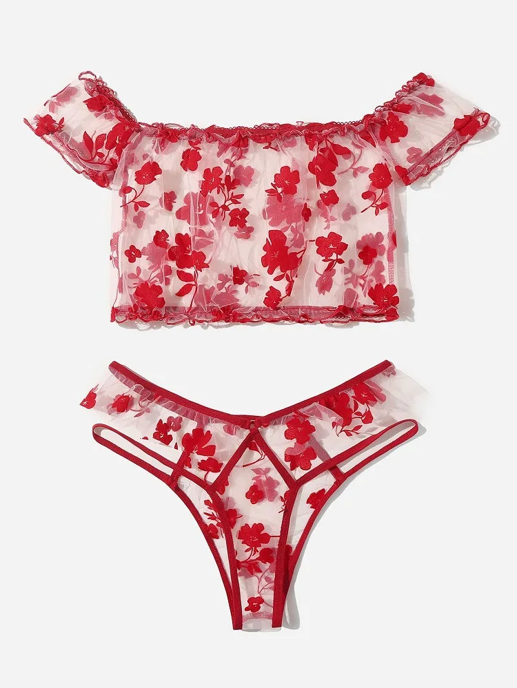 Fashion Nice little underwear Girl With short sleeves Dew shoulder Net yarn print transparent wholesale Nice little underwear