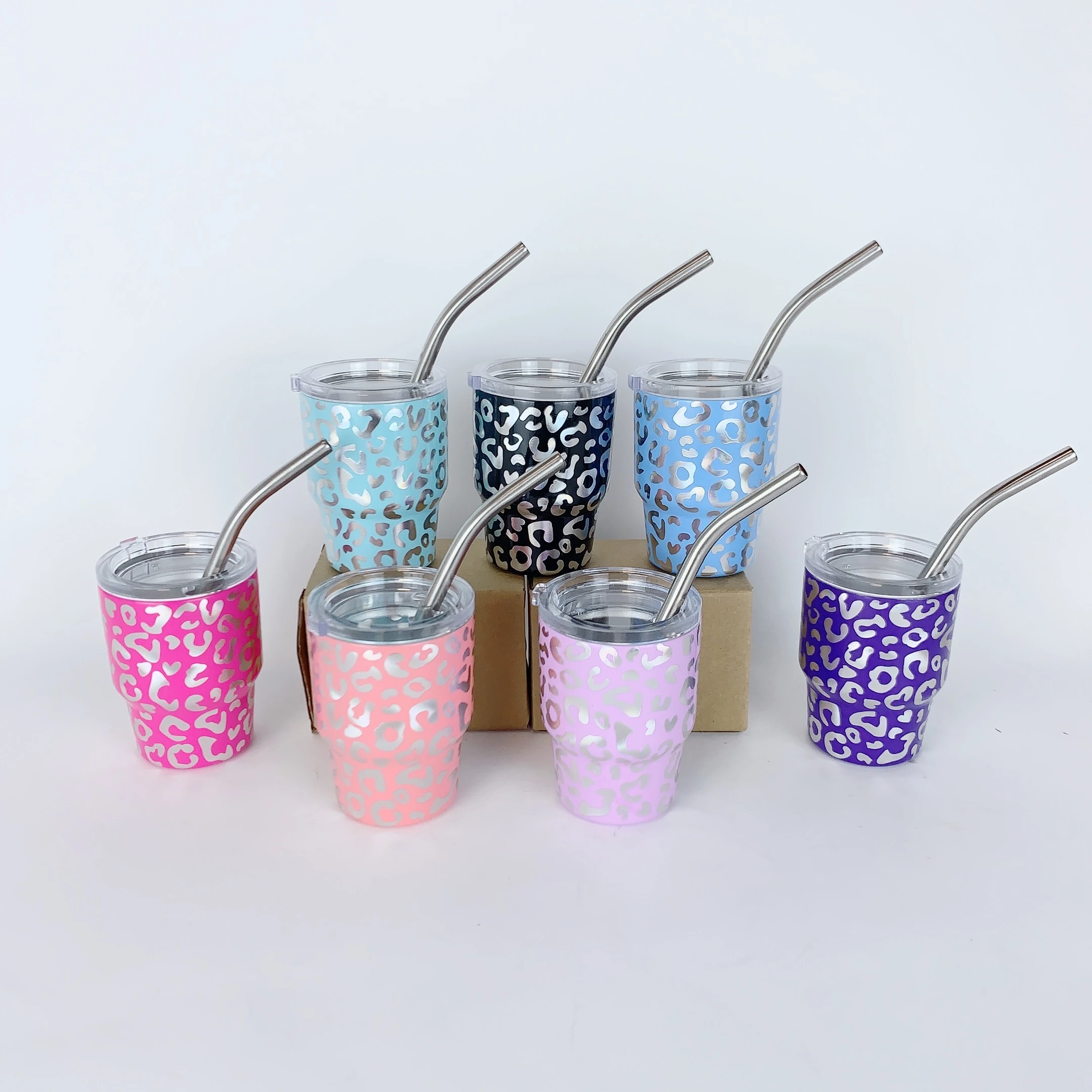 2oz Mini Cheetah Tumbler Shot Glass Insulated Stainless Steel Wine Tumbler Shot Glass Kids Cup with Lid and Straw