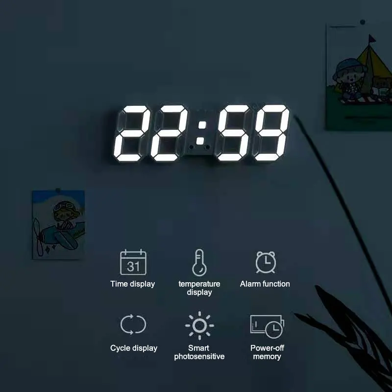 3D Led Digital Alarm Clock Stereo Wall Clock Wall Watch Calendar Thermometer Electronic Clock Furniture