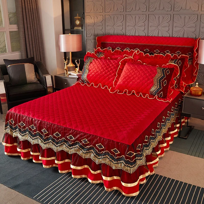 Bed Spread Home Soft Bedding Set Embroidery Thickened Cotton Velvet Bedspreads  Bed Skirt Set