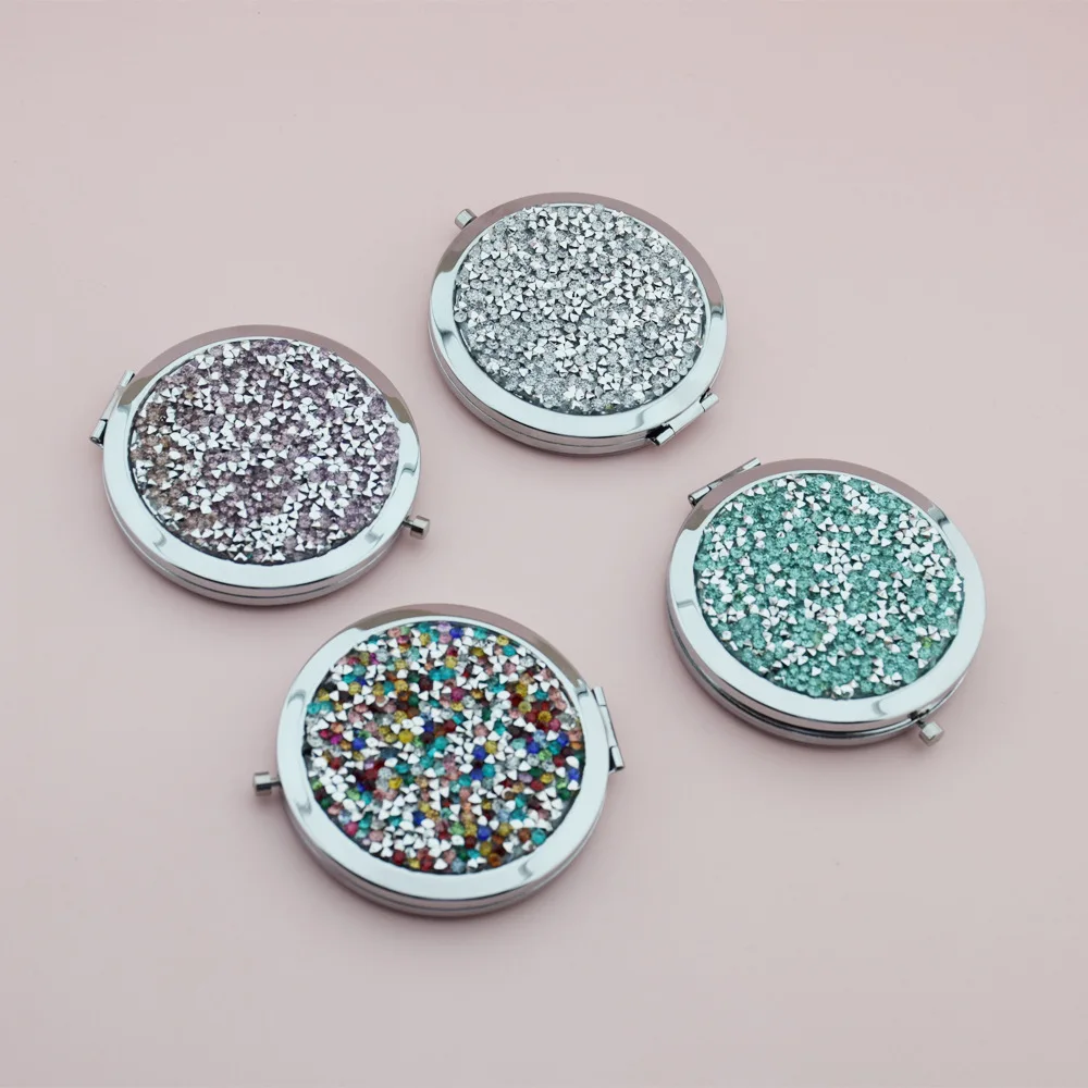 Custom Bling Crystal Rhinestone Diamond Portable Mini Folding Round Pocket Makeup 1x 2x Magnifying Mirrors Gold Silver Compact