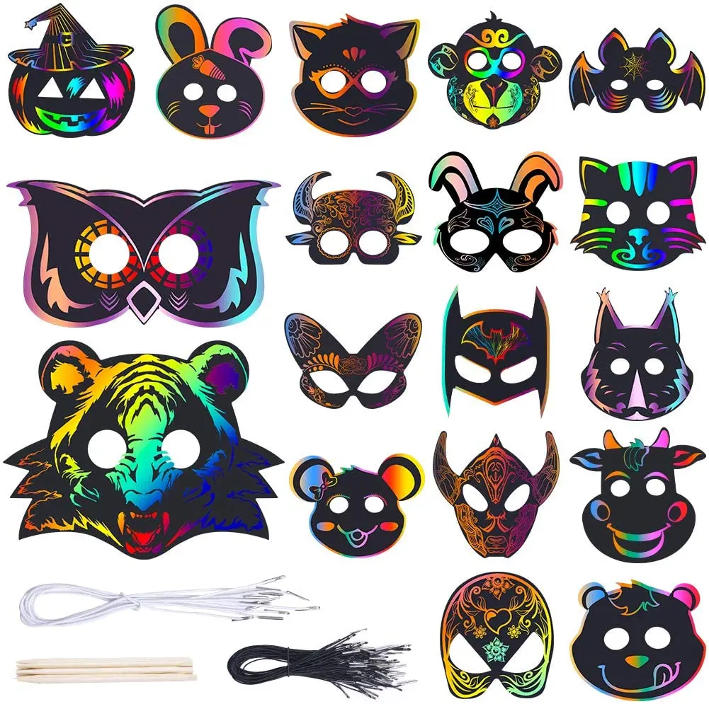 Magic Scratch Art Rainbow Scratch Paper Animal Masks Elastic Cords Scratching for Party Halloween Dress-Up