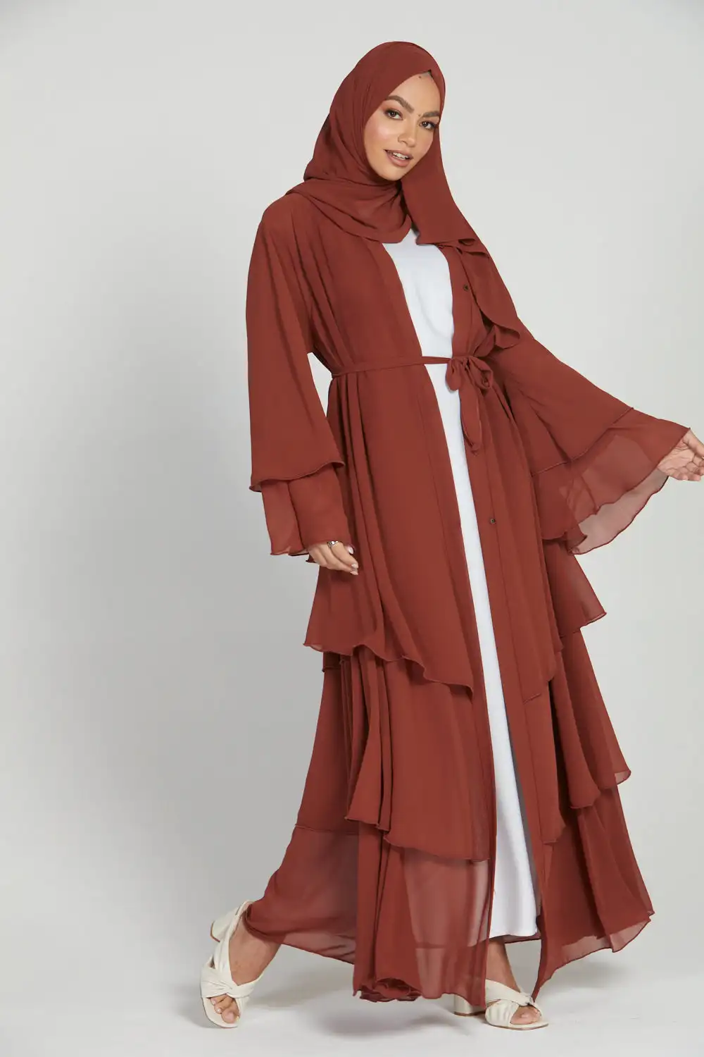 New Arrival Wear Muslim Dress Open Abaya With Inner Dress Solid Chiffon Islamic Brown Luxury Clothing Women Dress